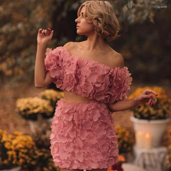 Robes décontractées épaule rose robe florale 3D applique fête moulante mini sexy deux pièces ensemble femme vêtements fleur élégante