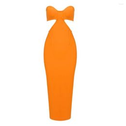 Robes décontractées Off-épaule sans manches sans bretelles évider taille sexy bandage maxi robe noir orange moulante fête promdress 7902