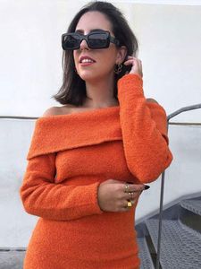 Vestidos casuales fuera del hombro suéter vestido naranja Mini tejido para mujeres Otoño Invierno manga larga mujer señoras Streetwear