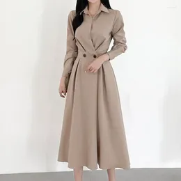 Vestidos casuales Office Lady Maxi para mujeres Ropa Turn-Down Collar Otoño Elegante Coreano Alto Cintura Mujer Vestido 2024 Fiesta Primavera Robe