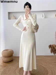 Casual Jurken Kantoor Dikke Gebreide Jurk Chique Koreaanse Polo Knitwear Mid Kleid Elegante Klassieke Trui Vestidos Dames Herfst Winter Effen Gewaad