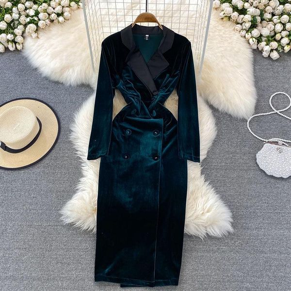 Robes décontractées OL haut de gamme dames tempérament mince costume col couleur correspondant velours élégant vintage double boutonnage robe veste H016