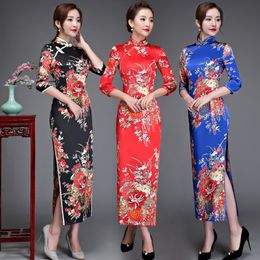 Casual jurken oude Shanghai elegante vrouwen satijn qipao slanke 3/4 mouw lange jurk traditionele Chinese mandarijn kraag cheongsam vestidos 230331