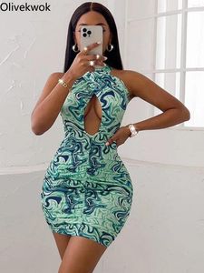 Casual Jurken Olivekwok Halter Dames Jurk Print Mode Bandage Mini Midi Bodycon Mouwloos Midnight Summer Sexy Hollow Out