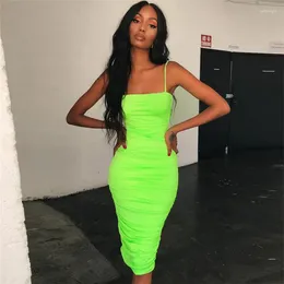 Casual Jurken Omchion Zomerjurk 2023 Slash Neck Strap Neon Vrouwen Mid-Kalf Solid Schede Bodycon Party JQ401