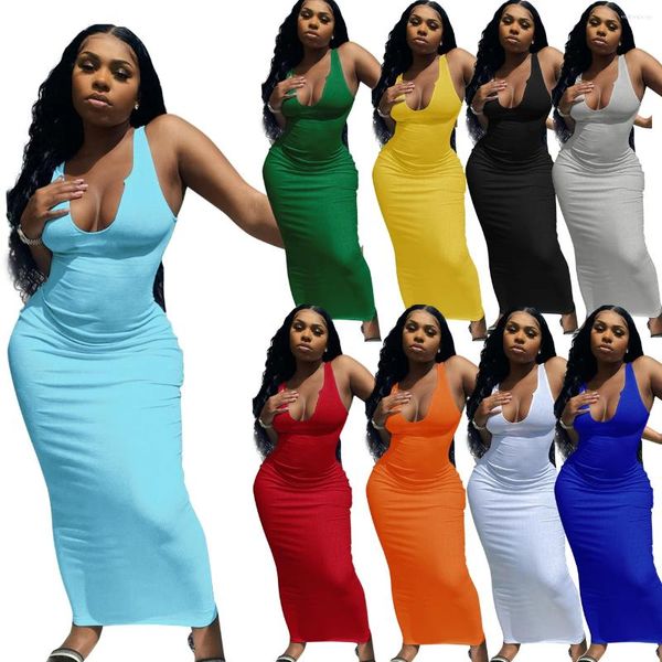 Robes décontractées omsj 15 couleurs Femmes Summer Robe solide Robe sans manches longues Long Bodycon V-Neck Sexy Party Night Club
