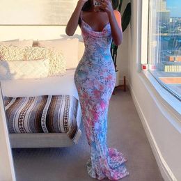 Casual Jurken OMSJ Mode Sling Swingende Hals Geplooid Off-shoulder Open Rug Print Vetersluiting Maxi-jurk Dames Strandvakantie-outfits