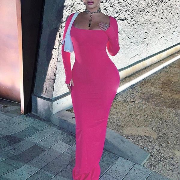 Vestidos informales Omsj Rose Red Elegante 2024 Canilla en U Long Manga Sexy Body Codycon Slim Wrap Hip Vestido de Vestido Evening Party Stylis