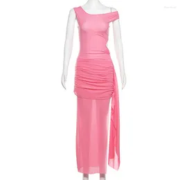 Vestidos casuales OMSJ Mujeres Sexy Side High Storg Long Dress Pink Spring Summer Summer Spring Shoulder Bodycon Bodycon Vacaciones Club de cumpleaños