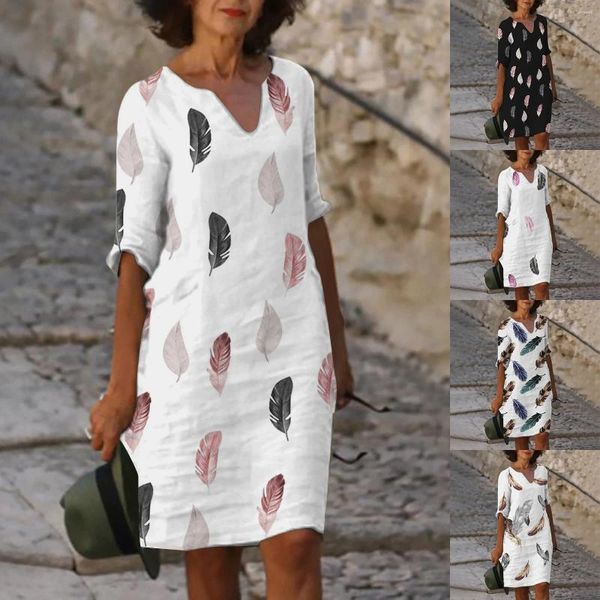 Robes décontractées en vente Clearance Femme's Summer Feather Imprime V V robe de cou de cou Plage Couchée courte pour filles