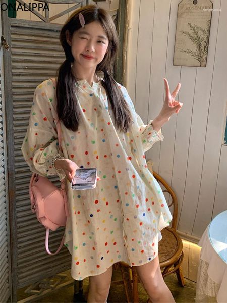 Robes décontractées Onalippa coloré point lâche Mini robe simple boutonnage O cou manches longues chemise coréenne mode Chic Design femmes