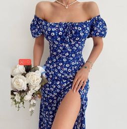 Vestidos casuales Una línea de cuello de manga larga Impreso Vestido de longitud media 2023 Venta de ropa de mujer Primavera / verano