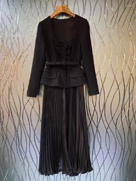 Casual jurken één stuk jurk 2023 herfst winterstijl dames riemzak patchwork long mouw middenkalf lengte zwart geplooide vestidos