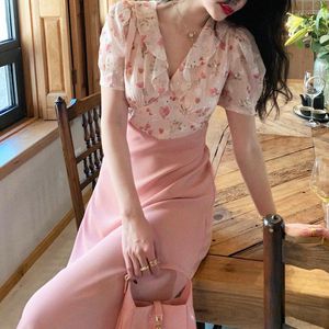 Casual jurken één stuk jurk Koreaanse Koreaanse korte mouw dunne elegante vrouwen vintage bloemen bedrukte midi gewaad vrouwelijk kantoor 2022 zomer
