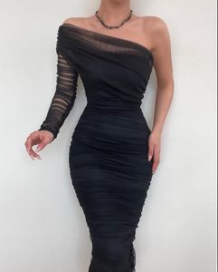 Casual jurken één schouder mesh avondjurk ruches pure Europa en Amerika mode dames kleding mager maxi bruiloft gastenfeestje