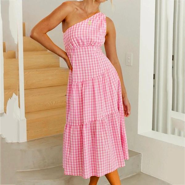 Vestidos informales de un hombro Mujer con estampado a cuadros Mujeres Summer Elegante Tabro Tiered Midi Sydress Fluky Party Boho