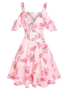 Robes décontractées épaule ouverte imprimé floral robe à volants surplis coupe basse longueur au genou plongeant été vintage robe pour femme