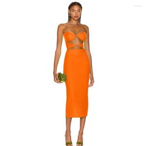 Casual jurken Orange Hollow Out dames verbandjurk sexy off schouder feest clubkleding midi vestidos solide kleur elegant