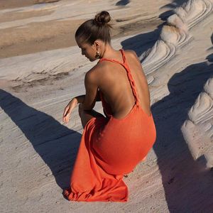 Robes décontractées orange tricote maxi robe de plage femme sexy divisé backless slim long couverture de bikini 2024 tenues de vacances d'été sans manche