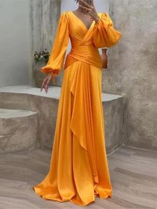 Robes décontractées orange lâche ourlet lanterne manches maxi robe de soirée femme col en V élégant chic dame soirée robes