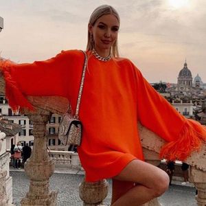 Robes décontractées Robe de satin orange Femme Vêtements à manches longues Fête Femme Plume Vêtements surdimensionnésCasual