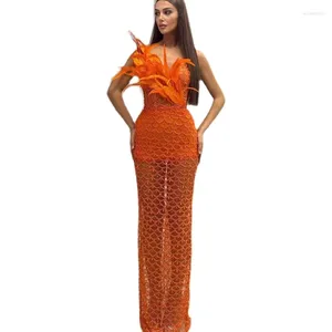 Casual jurken oranje strapless pailletten lange jurk met mouwloos temperament socialitische feestje toastmodel runway avondkleding