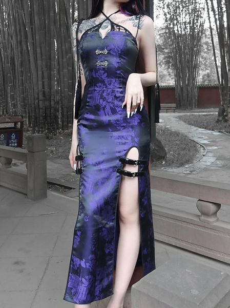 Robes Décontractées Conception Originale Goth Chinois Glands En Cuir Boucle Gaine Robe Longue D'été Violet Punk Moulante Sexy Haute Fente Sans Bretelles