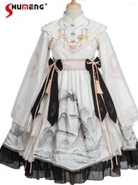 Robes décontractées originales vintage lolita op mid robe femme 2024 printemps antique han éléments sweet long manches mi-longueur pour les femmes