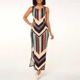 Casual jurken oten gestreepte print zijkant maxi jurk dames kleurblok mouwloze slanke fit long bodycon chaleco para vestido de raya