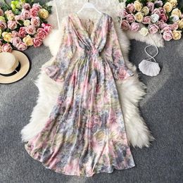 Casual jurken OUSLEE-Frans dames sexy maxi boho-jurk met lange mouwen V-hals rugloze vintage bloemenprint dames lente herfst