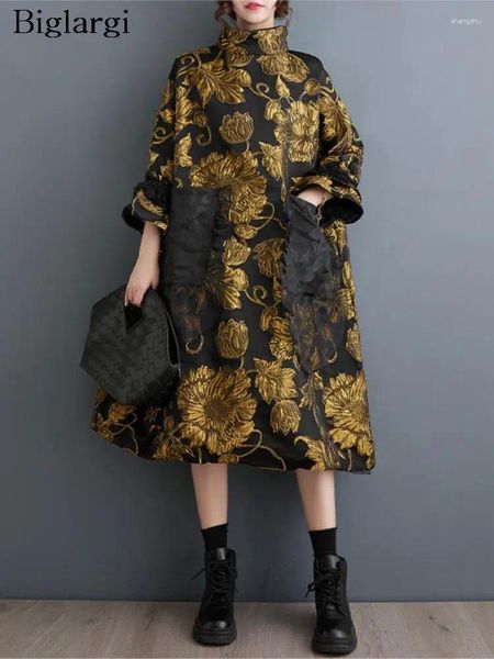 Robes décontractées surdimensionnées automne hiver midi robe femme patchwork mode chinois style fleur fleuries plissée femme lâche 2024