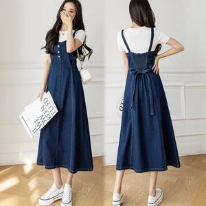 Casual jurken oversized Elegante vrouwen kleding aan denimriem tussen lengte plus size losse taille midi longvestidos a-line Jean veter omhoog