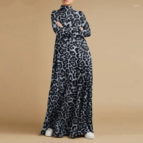 Vestidos casuales de gran tamaño Femme Robe Maxi Vestido para mujeres Leopardo Impreso Manga larga Cuello alto Vestidos de Mujer Mujer Moda suelta