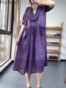 Robes décontractées surdimensionné lin plissé robe d'été femme lâche décontracté femmes corée dames femmes robes Vintage longue robe 230316