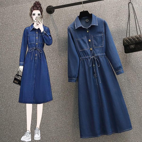 Vestidos informales Ropa para mujeres de gran tamaño 2023 Spring Retro Wistand Denim Temperamento Moda Midi Jeans Vestidos Z039