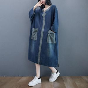 Casual jurken oversized vrouwen denim 2021 herfst vintage stijl v-hals grote zakken alle matchen losse vrouwelijke lange jurk S2442