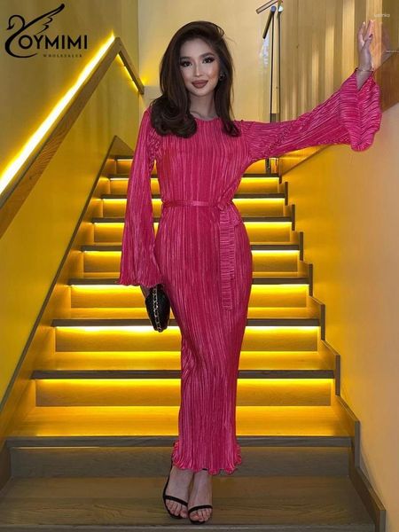 Robes décontractées Oymimi Bodycon Pink Pleed Womens 2024 Fashion Slim O Neck à manches longues Robe de la cheville à lacets classiques élégants