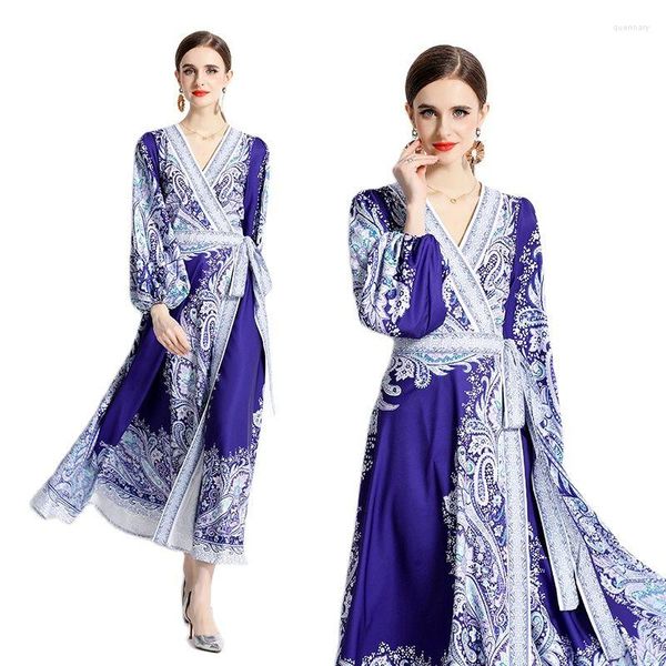 Robes décontractées Paisley Floral Vintage Maxi Wrap pour femmes 2023 Designer Lanterne Manches Col V Slim Ceinturé Bow Bleu Robe Ballgown