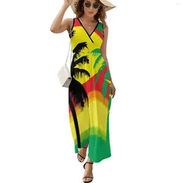 Casual jurken palmbomen in jamaica kleuren kleden vrouwelijke maxi v nek mouwloze streetwear grafisch boho strand lang