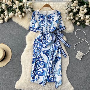 Casual jurken feest banuline zomer blauw en witte porselein midi dames ronde nek korte mouw kanten taille slank pakket heup 230516