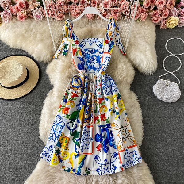 Robes décontractées Party Banulin Summer Runway Boho Womens Bow Spaghetti Strap Backless Bleu et Blanc Porcelaine Floral Print Mini 230516