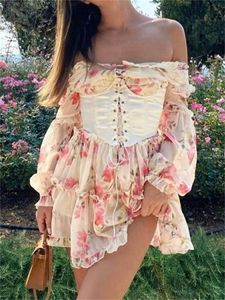 Casual jurken feest chronstyle vintage off schouder lange mouw aline short jurk dames sprookje elegant vierkante nek verbanden corset mini 230517