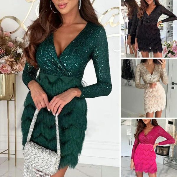 Vestidos casuales vestidos de fiesta elegante lentejuelas de piel sintética mini para mujeres con cuello de corte bajo fit delgada manga larga brillante color sólido suave