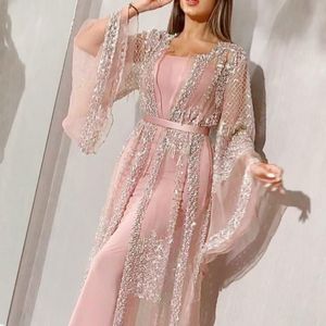 Casual jurken feestjurk vrouwen elegant pailletten mesh 2021 mode lange mouw jurk tweedelig dames bruiloft avond outfit gewaad