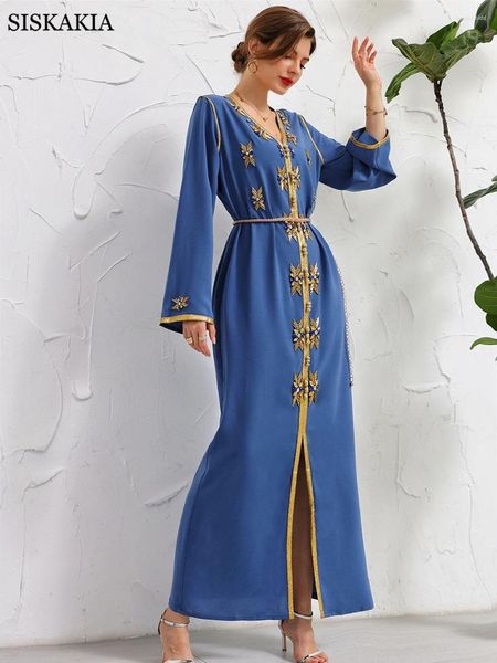 Robes décontractées Robe de fête de fête pour femmes luxe cousu à la main or col en V robe de diamant arabe Oman Dubaï marocain ceinturé caftan