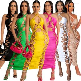 Casual Jurken Party Midi Jurk Solid Lace Up Bandage Halter Uitgesneden Schede Sexy Bodycon Bretels Nachtclub Maxi Vrouwen zomer Kleding