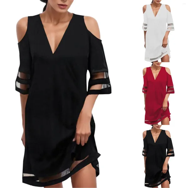 Robes décontractées Party Night Club Tenues Lâche Sheer Mesh Mini pour les femmes 2024 Plus Taille Col V Manches courtes Épaule froide