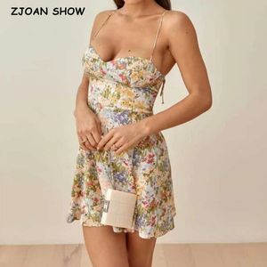 Robes décontractées Party Retro French Yellow Green Floral Grass Print Spaghetti Strap Dress Sexy Women Laceing Up Sling Short Holiday Robe 230517