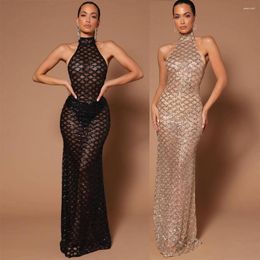 Casual jurken feest pailletten vrouwen mouwloze elegante halter slanke strakke lange jurk hoge taille sexy backless vestidos avond 2023 prom