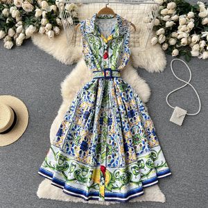 Casual jurken feest zomer runway shirt dames kraag mouwloos blauwe en witte porseleinen print veter omhoog riem geplooid Midi 230517